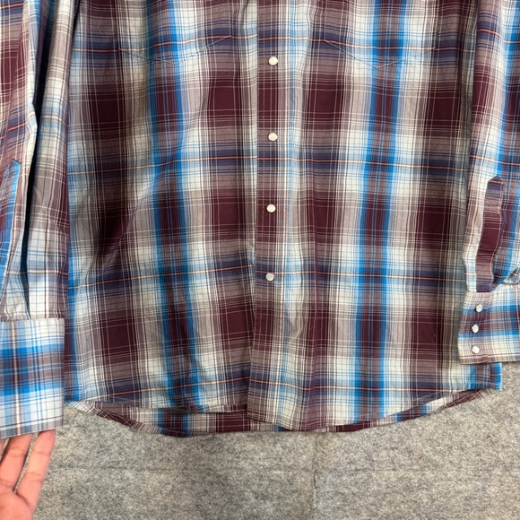 Vintage Wrangler Plaid Western Burgundy Pearl Snap Button Shirt L Tall Cotton - Picture 7 of 14